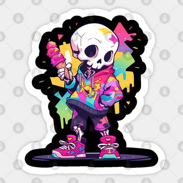 Cute and Creepy Fun Skater Skeleton Pastel Goth Design Sticker by The Little Store Of Magic